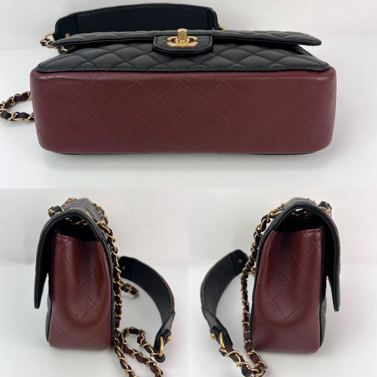 Chanel in pelle di vitello con tracolla trapuntata e patta in nero e bordeaux In condizioni ottime in vendita a Freehold, NJ