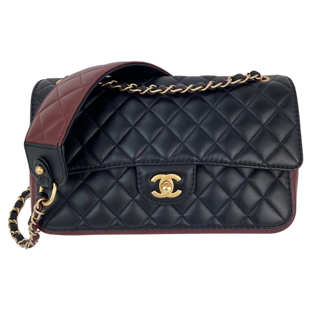 Chanel Calfskin Quilted Strap into Flap Black Burgundy Shoulder Bag