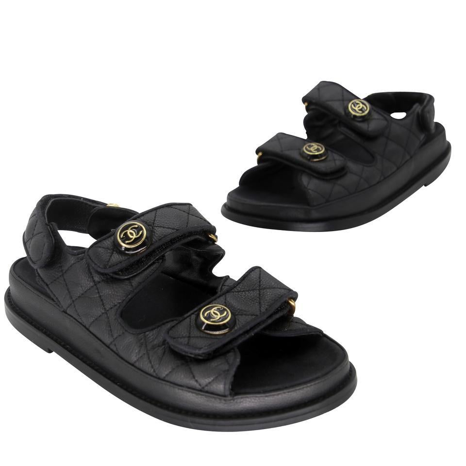 Chanel Dad Sandals Black Leather - 5 For Sale on 1stDibs