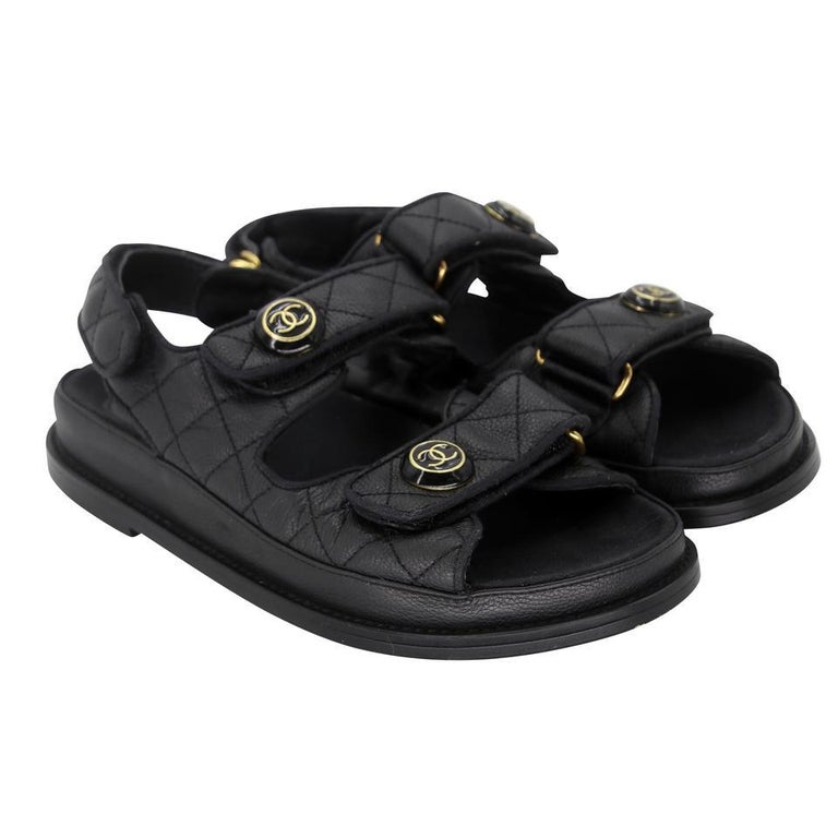 Chanel Cambon 36C Leather Quilted CC Button Dad Sandals CC-1123P