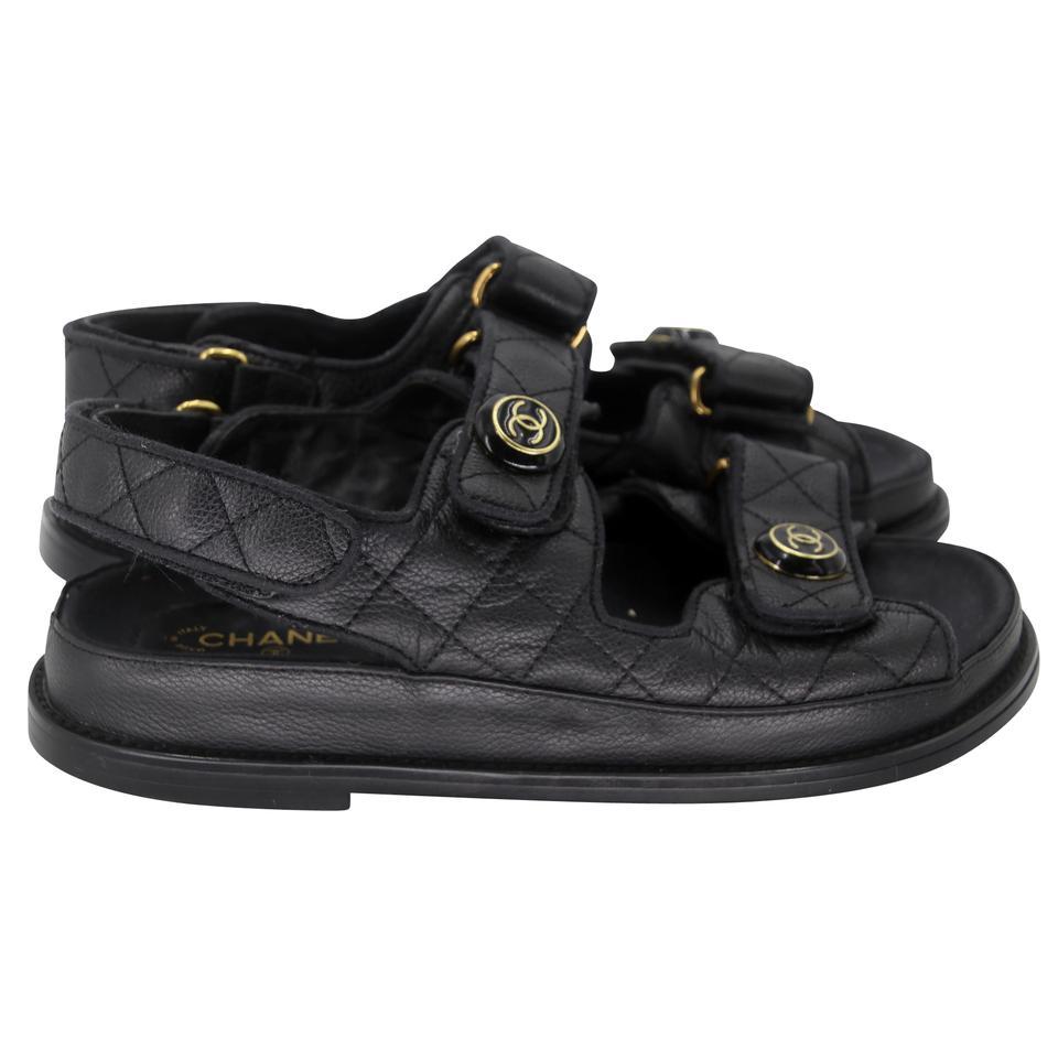 Black Chanel Cambon 36C Leather Quilted CC Button Dad Sandals CC-1123P-0011