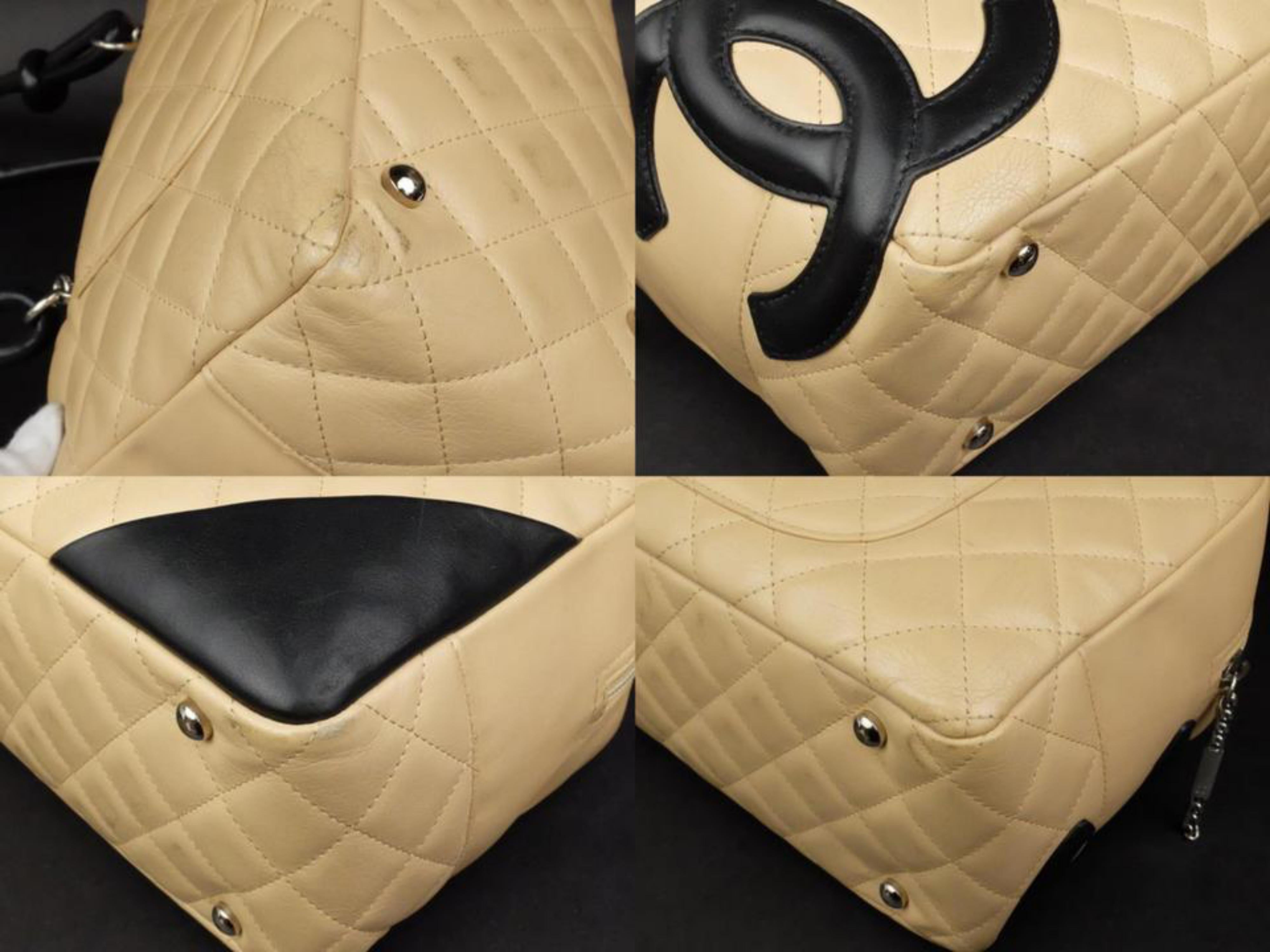 Chanel Cambon Bicolor Ligne Bowler 227765 Beige X Black Quilted Leather Shoulder For Sale 6