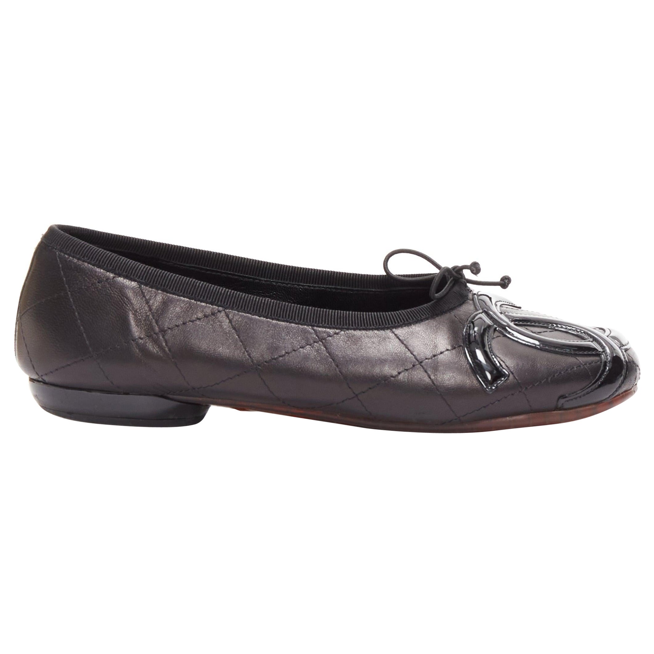 CHANEL Cambon black CC logo quilted bow front ballerina flats EU35