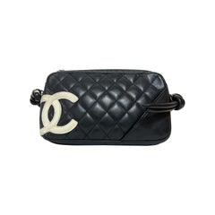 Chanel Cambon Clutch Black Leather White Logo