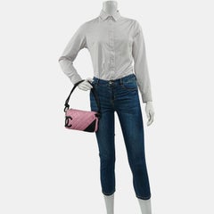 Chanel Cambon Clutch Pink Leather Black Strap