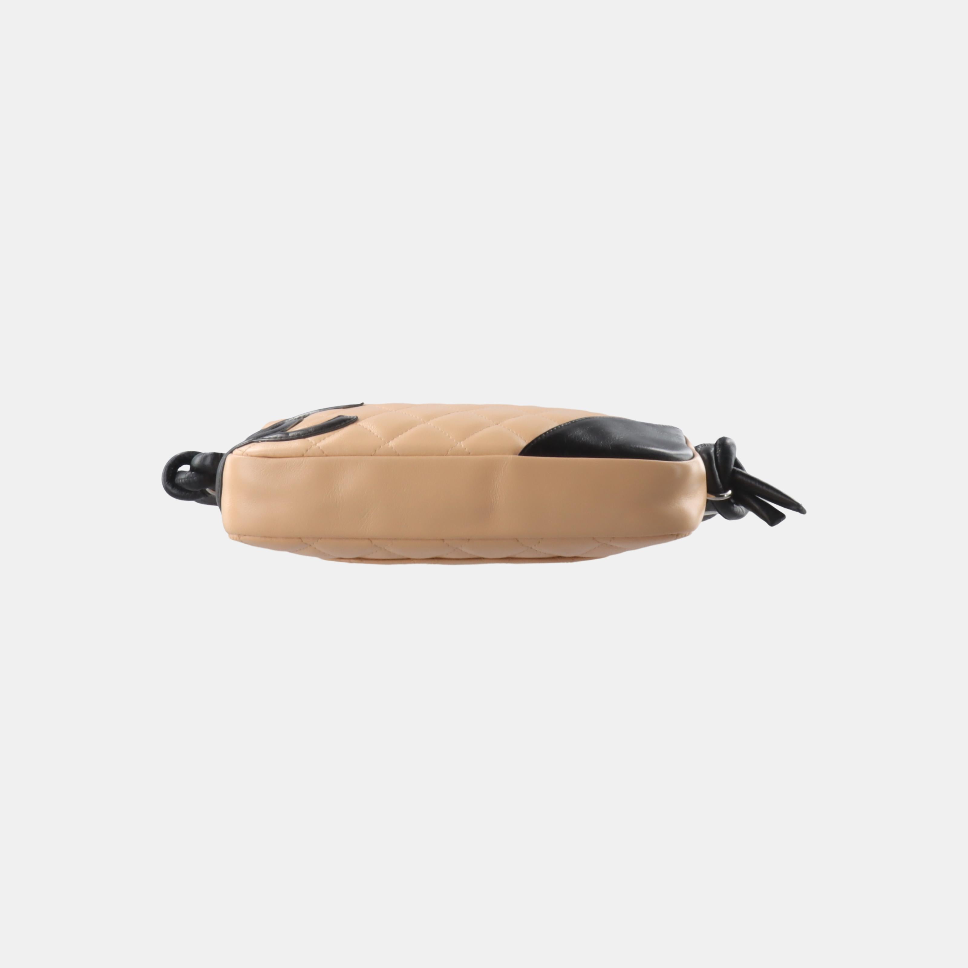 Chanel Cambon Clutch Shoulder Bag Beige Calfskin Leather Black Strap In Good Condition In AUBERVILLIERS, FR