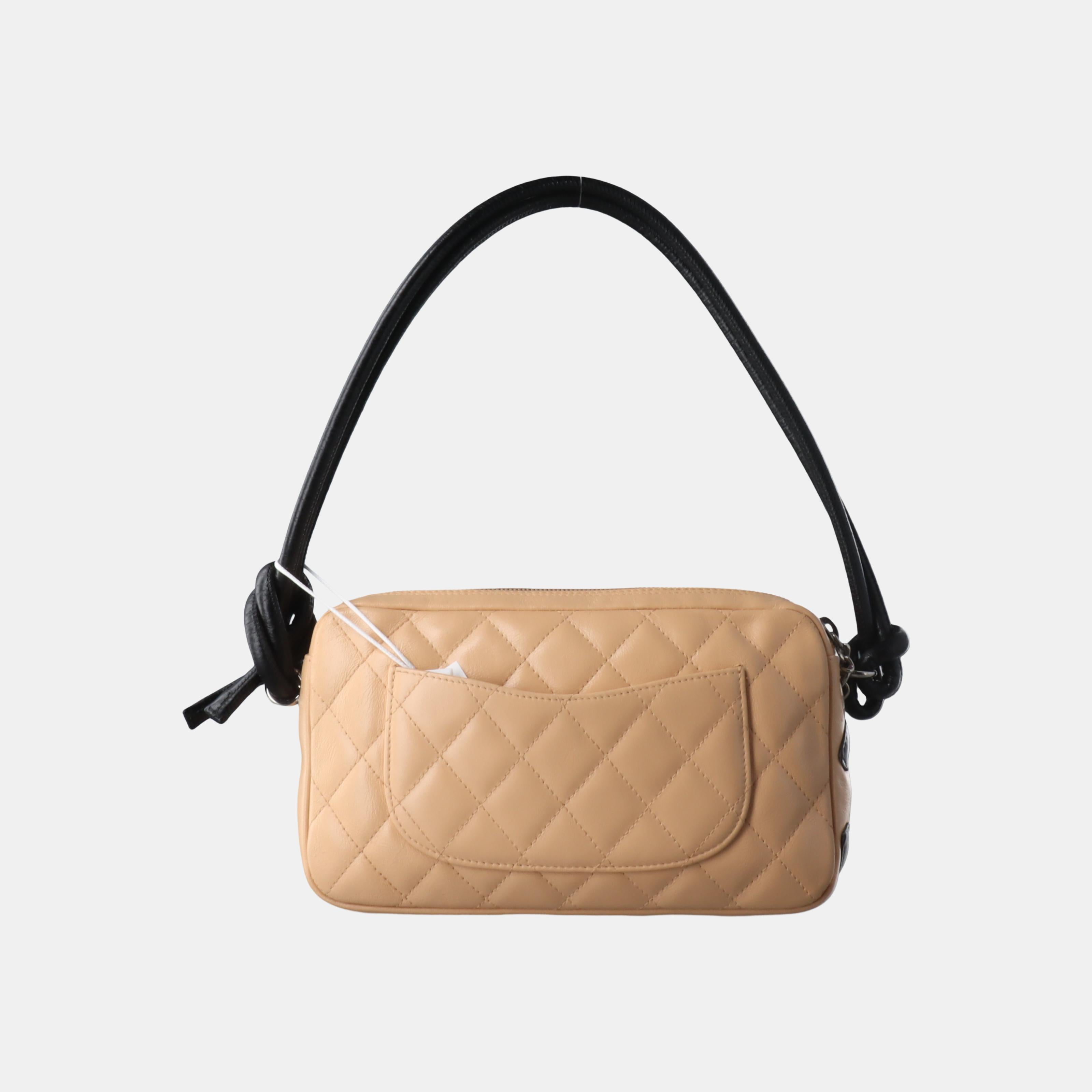 Women's Chanel Cambon Clutch Shoulder Bag Beige Calfskin Leather Black Strap