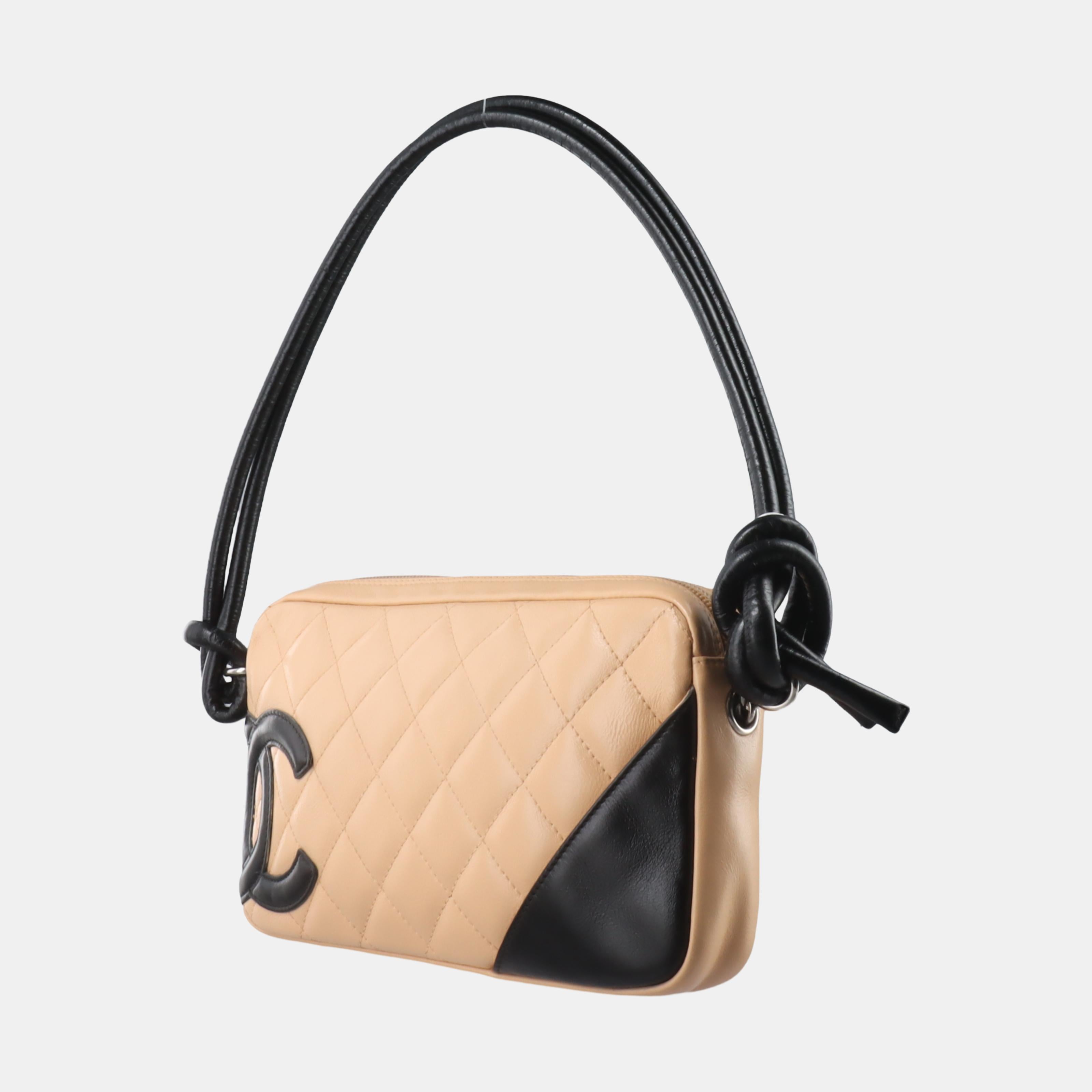 Chanel Cambon Clutch Shoulder Bag Beige Calfskin Leather Black Strap 1
