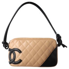 Chanel Cambon Clutch Shoulder Bag Beige Calfskin Leather Black Strap