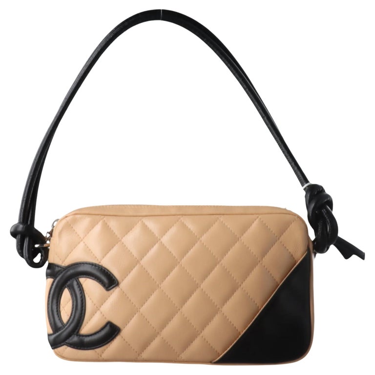 Chanel Cambon Clutch Shoulder Bag Beige Calfskin Leather Black