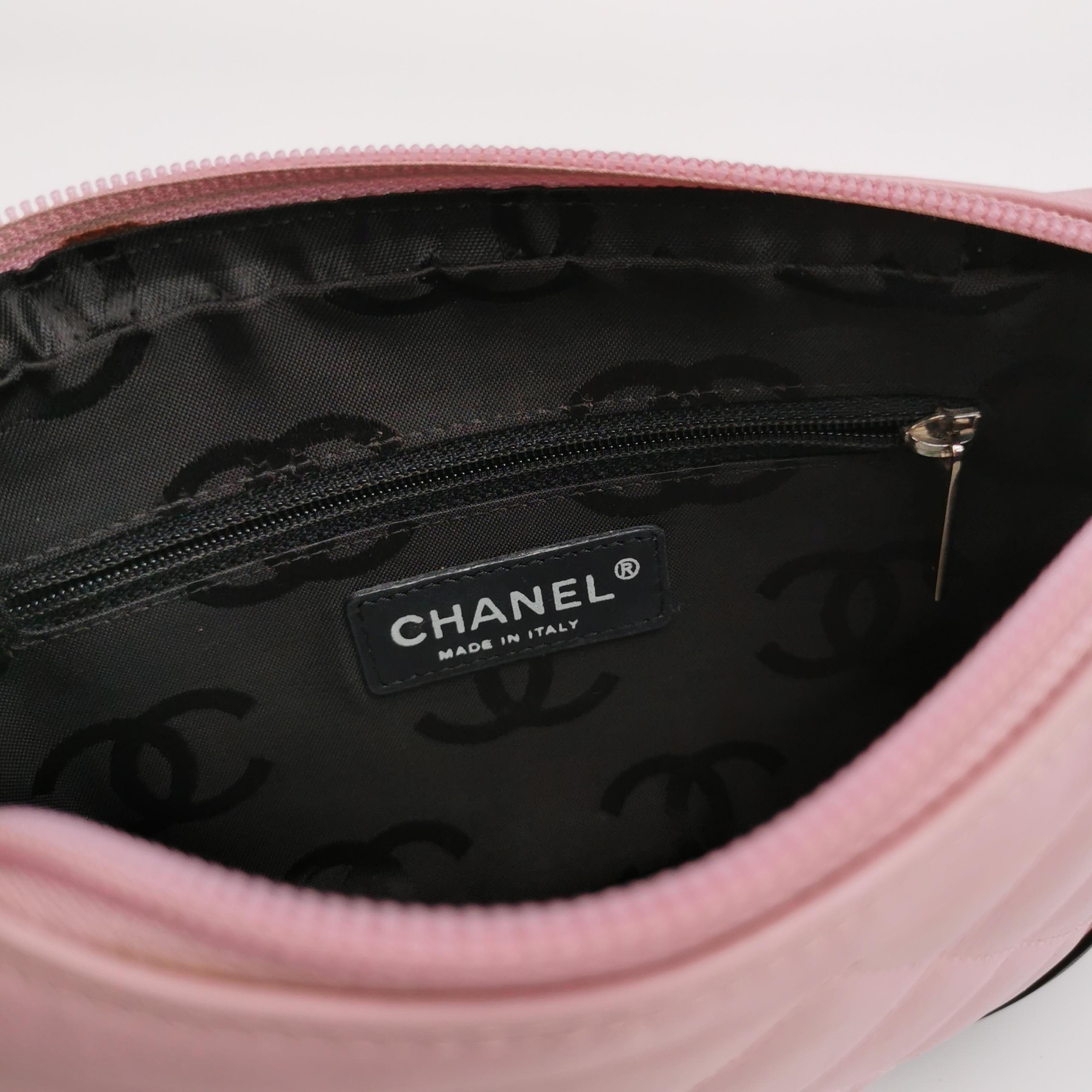 Chanel Cambon Clutch Shoulder Bag PInk Calfskin Leather Black Strap For Sale 2