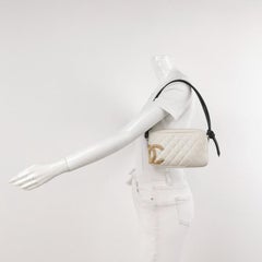 Chanel Cambon Clutch White Leather Snake Skin CC Logo Black Strap
