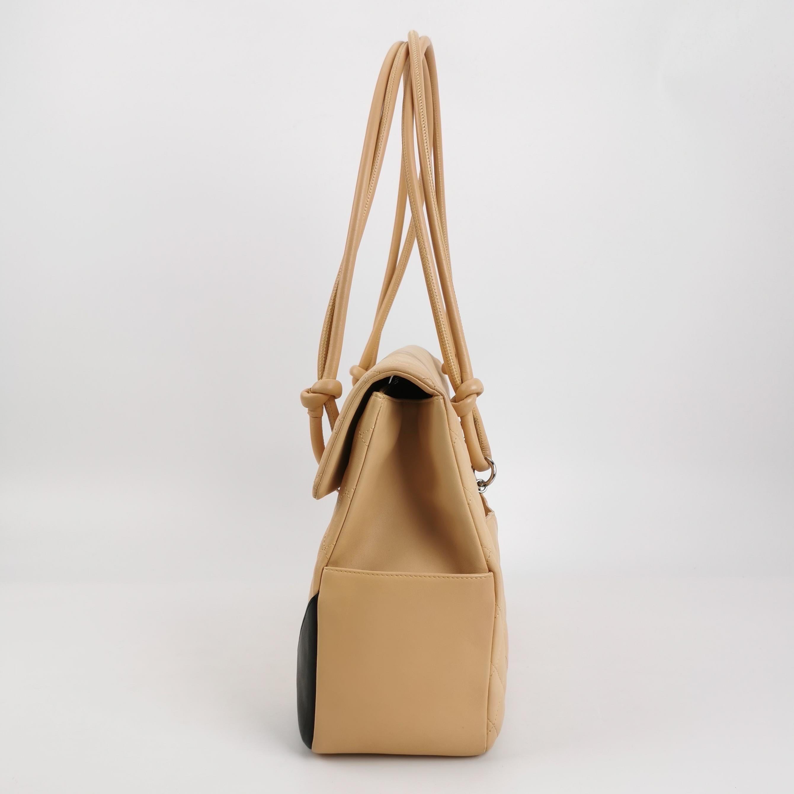 Chanel Cambon Flap Maxi Beige Calfskin Leather Double Strap Shoulder Bag For Sale 2