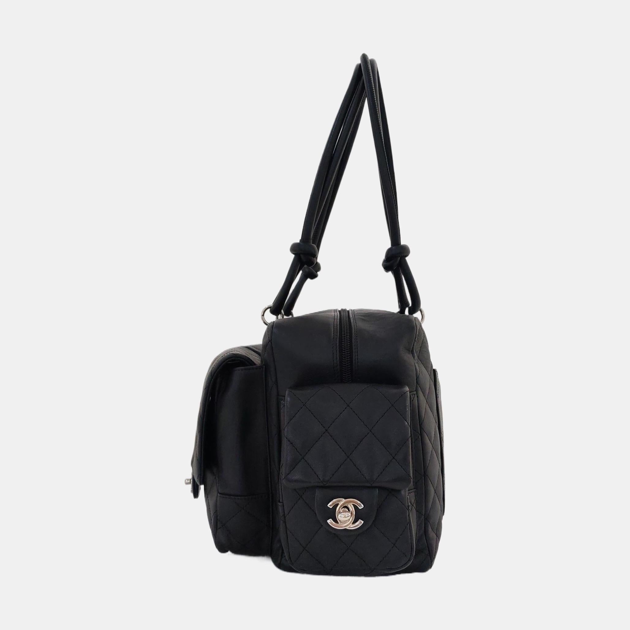 Nero Chanel Cambon Borsa grande in pelle di vitello nera con doppia tracolla in vendita