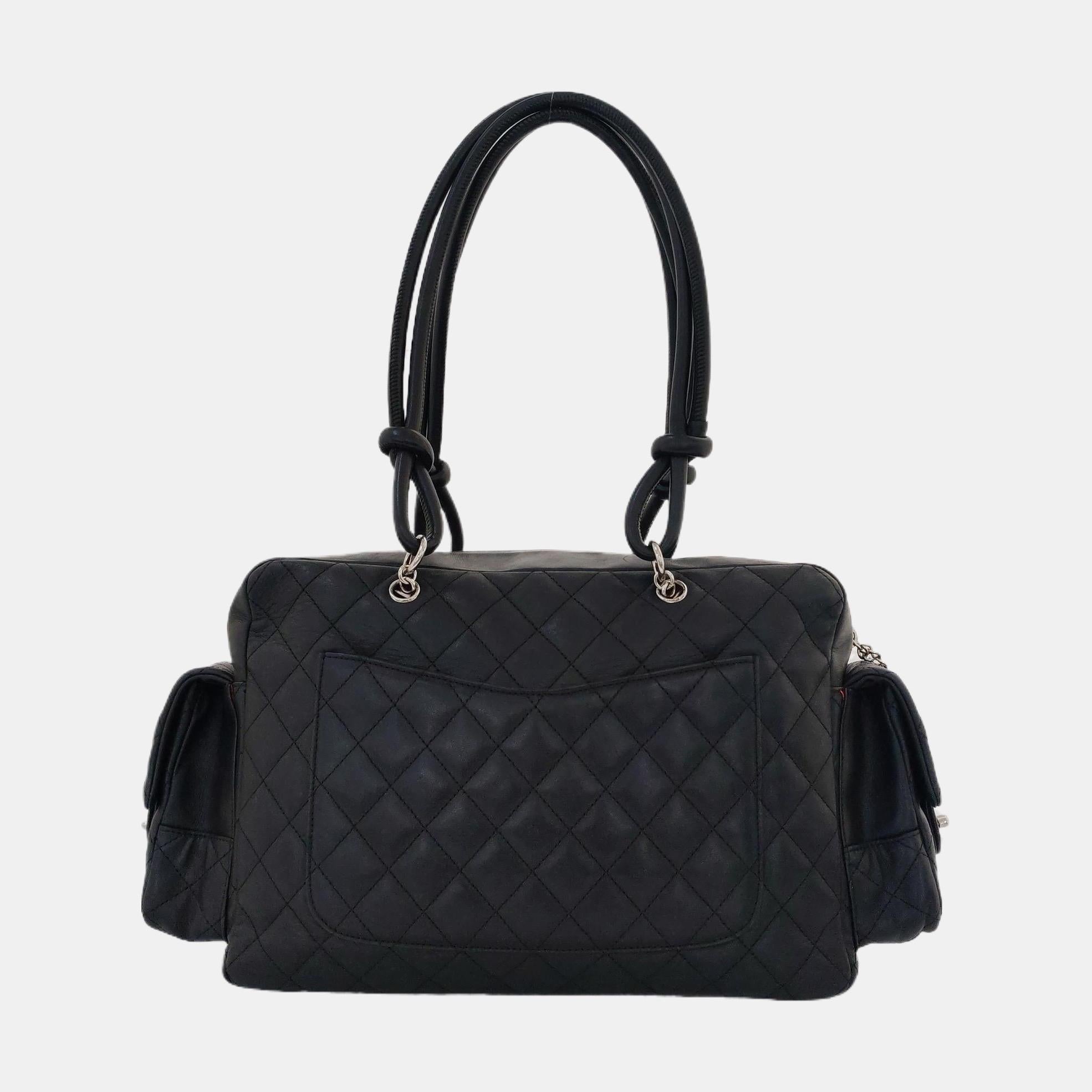 Donna Chanel Cambon Borsa grande in pelle di vitello nera con doppia tracolla in vendita