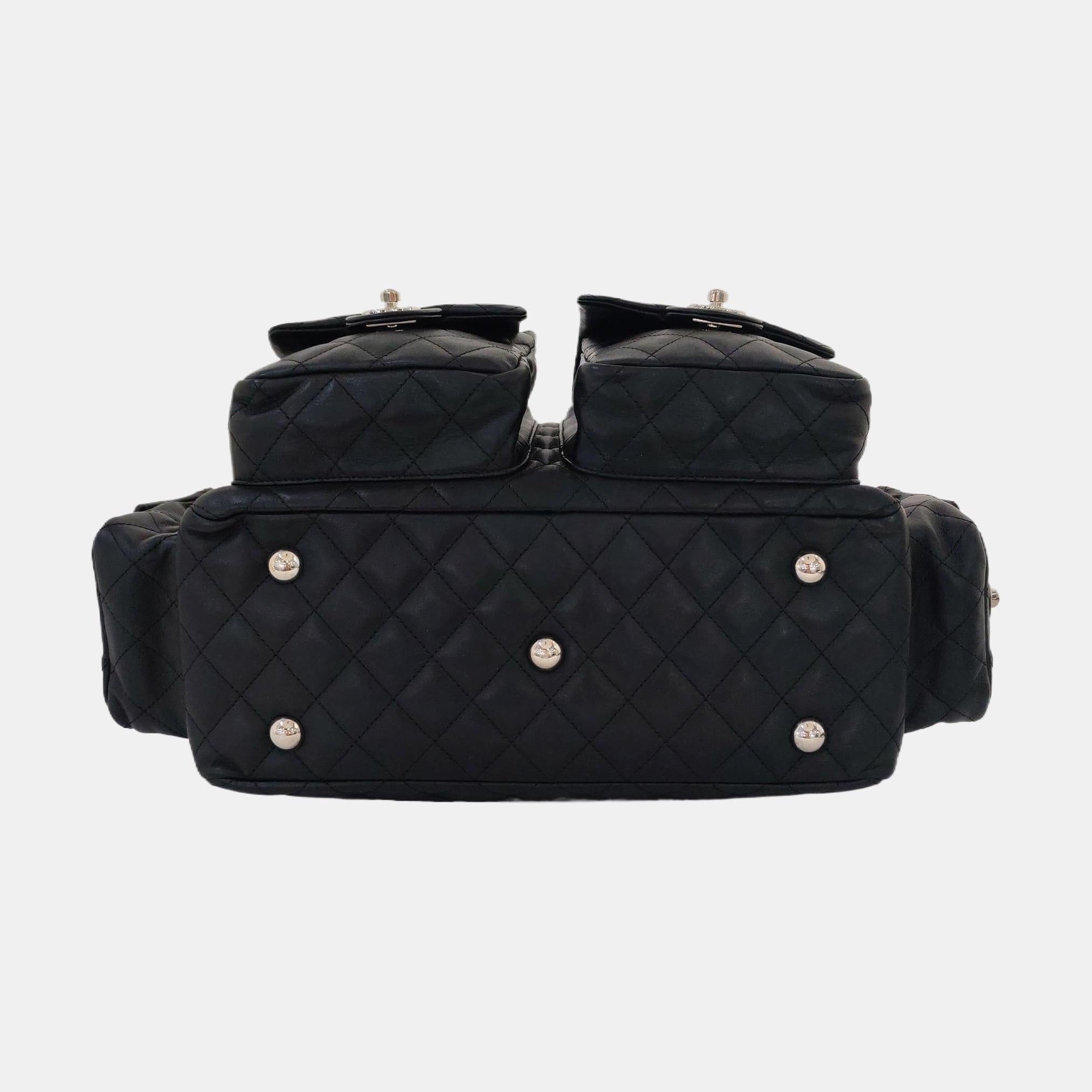 Chanel Cambon Borsa grande in pelle di vitello nera con doppia tracolla in vendita 1