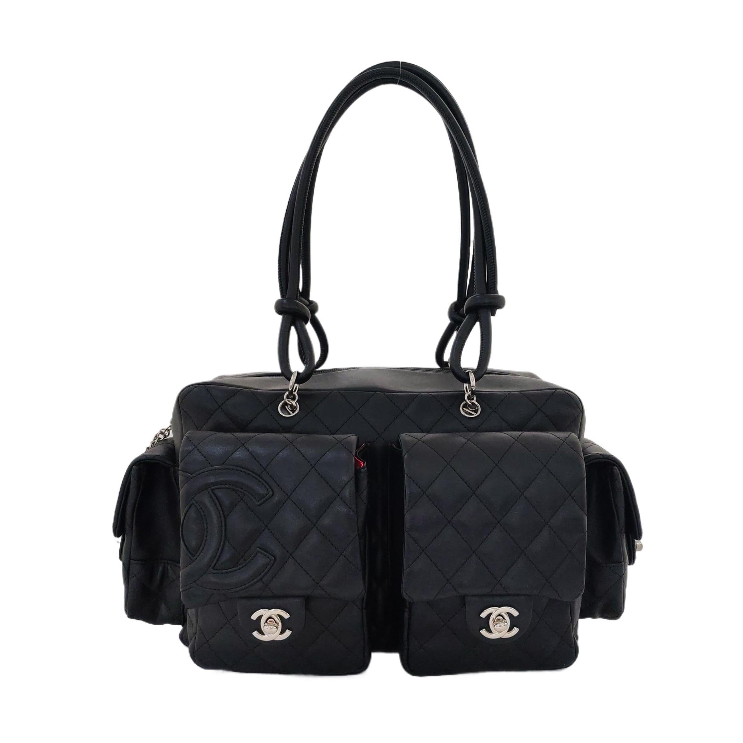 Chanel Cambon Large Black Calfskin Leather Double Strap Handbag