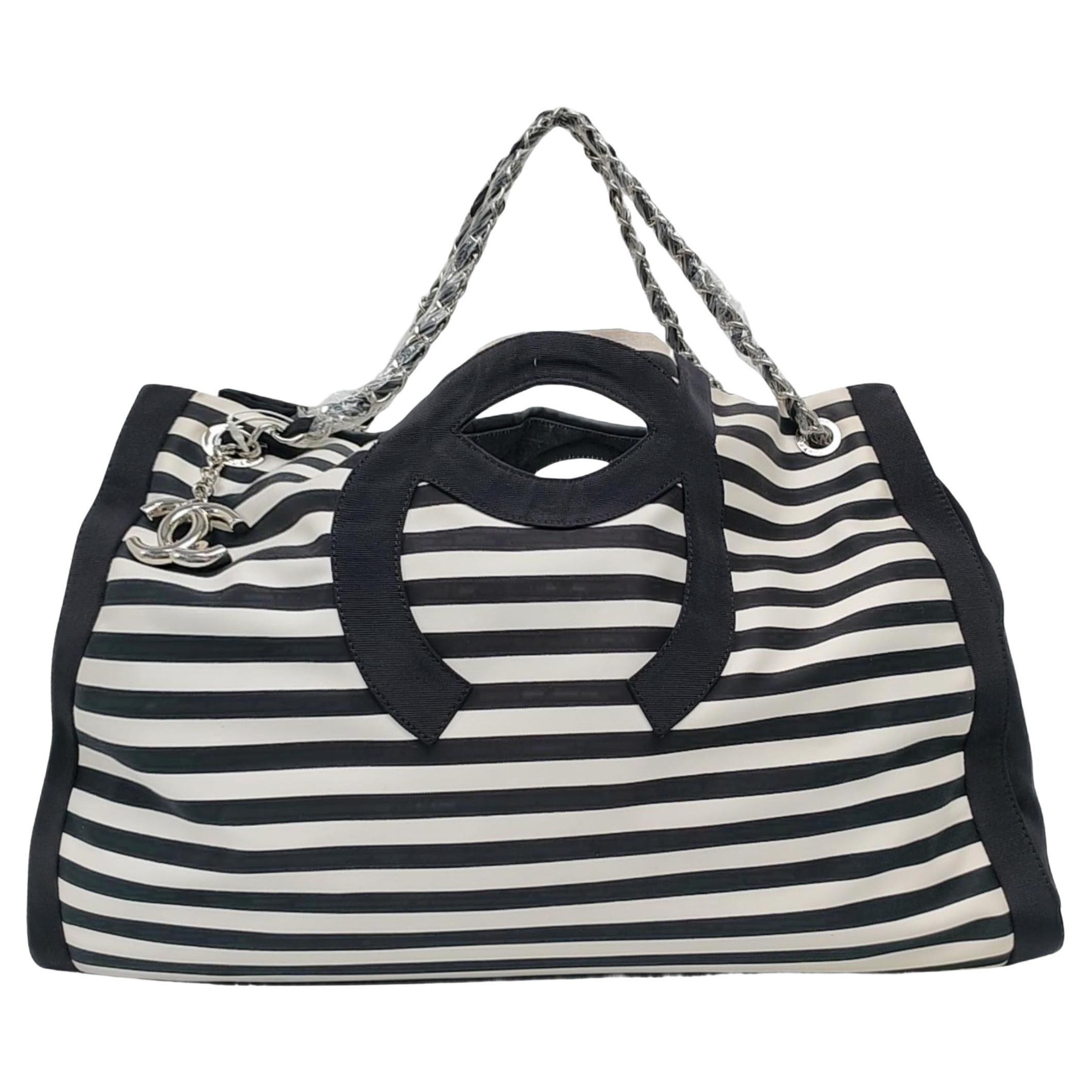Chanel Cambon Large Navy Striped Canvas Tote Bag For Sale
