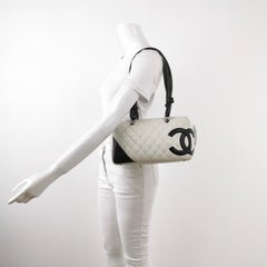 Chanel Cambon Large Shoulder Bag White Calfskin Leather Black Double Strap