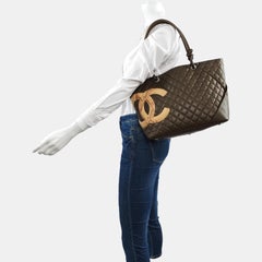 Chanel Cambon Large Tote Olive Green Calfskin Leather Snakeskin Logo