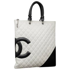 Chanel Cambon Ligne Flat 226873 White X Black Quilted Leather Tote