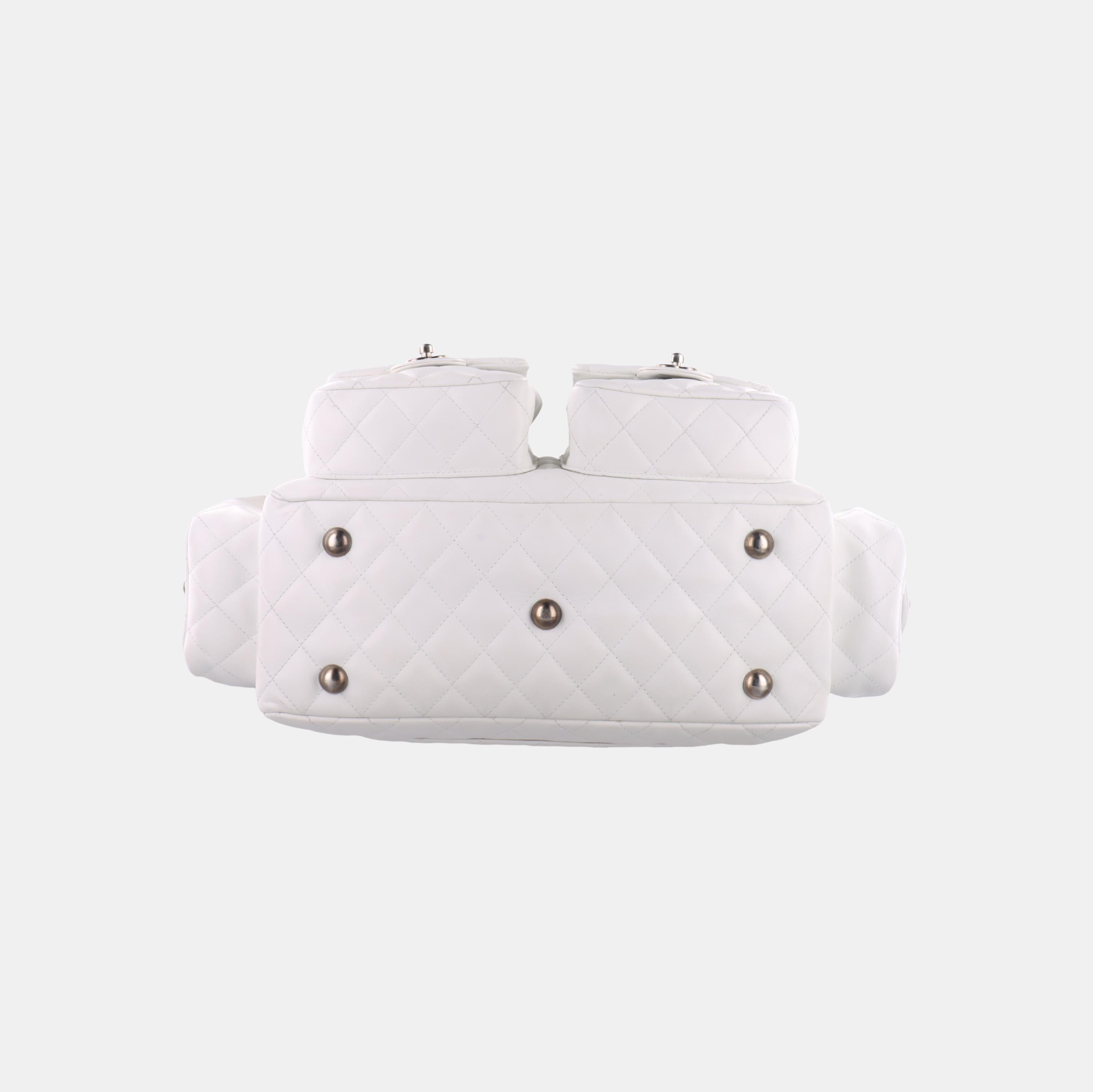 Gray Chanel Cambon Multi-pocket Ligne Reporter Bag Large White Calfskin Leather
