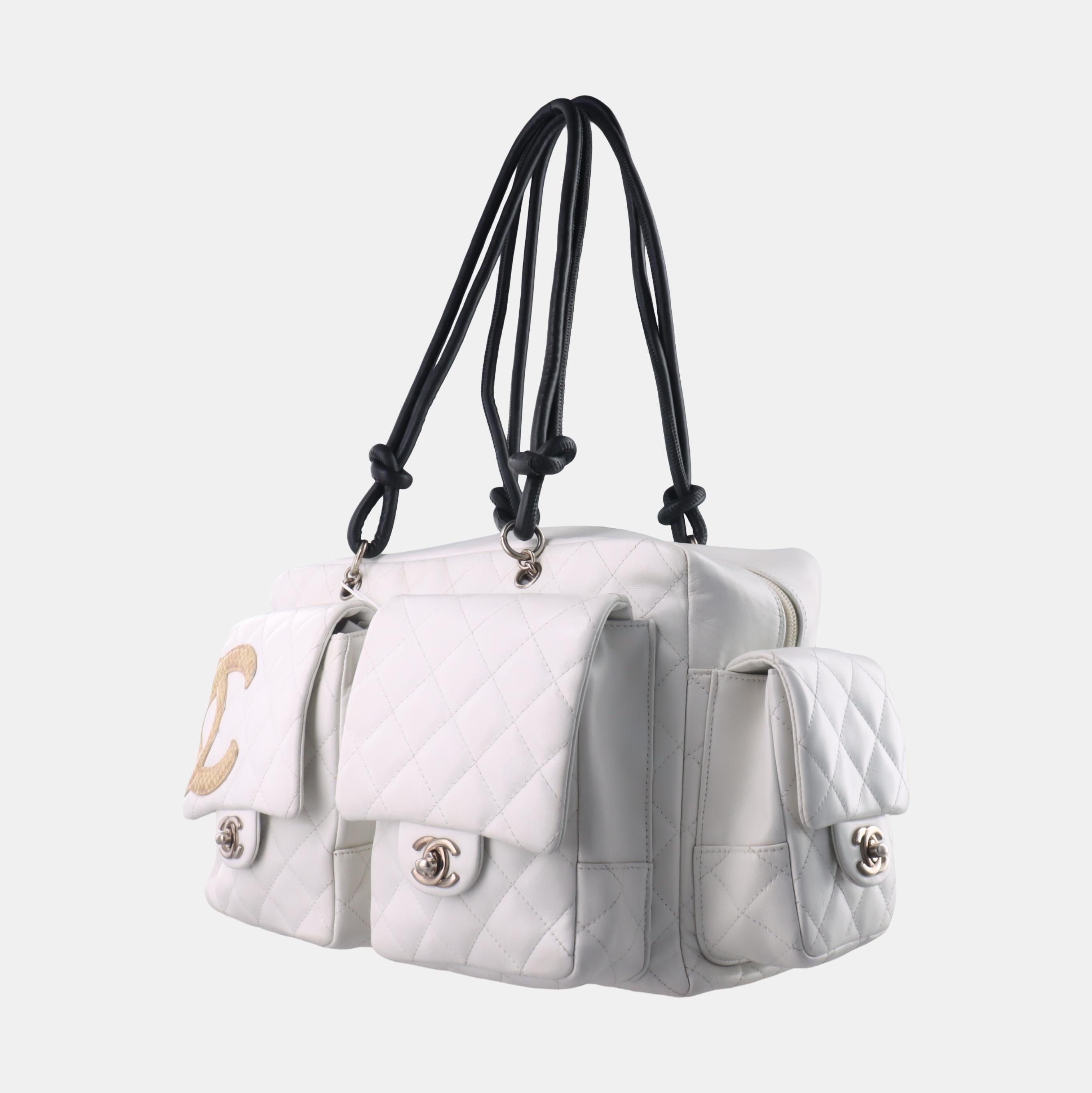 Women's Chanel Cambon Multi-pocket Ligne Reporter Bag Large White Calfskin Leather