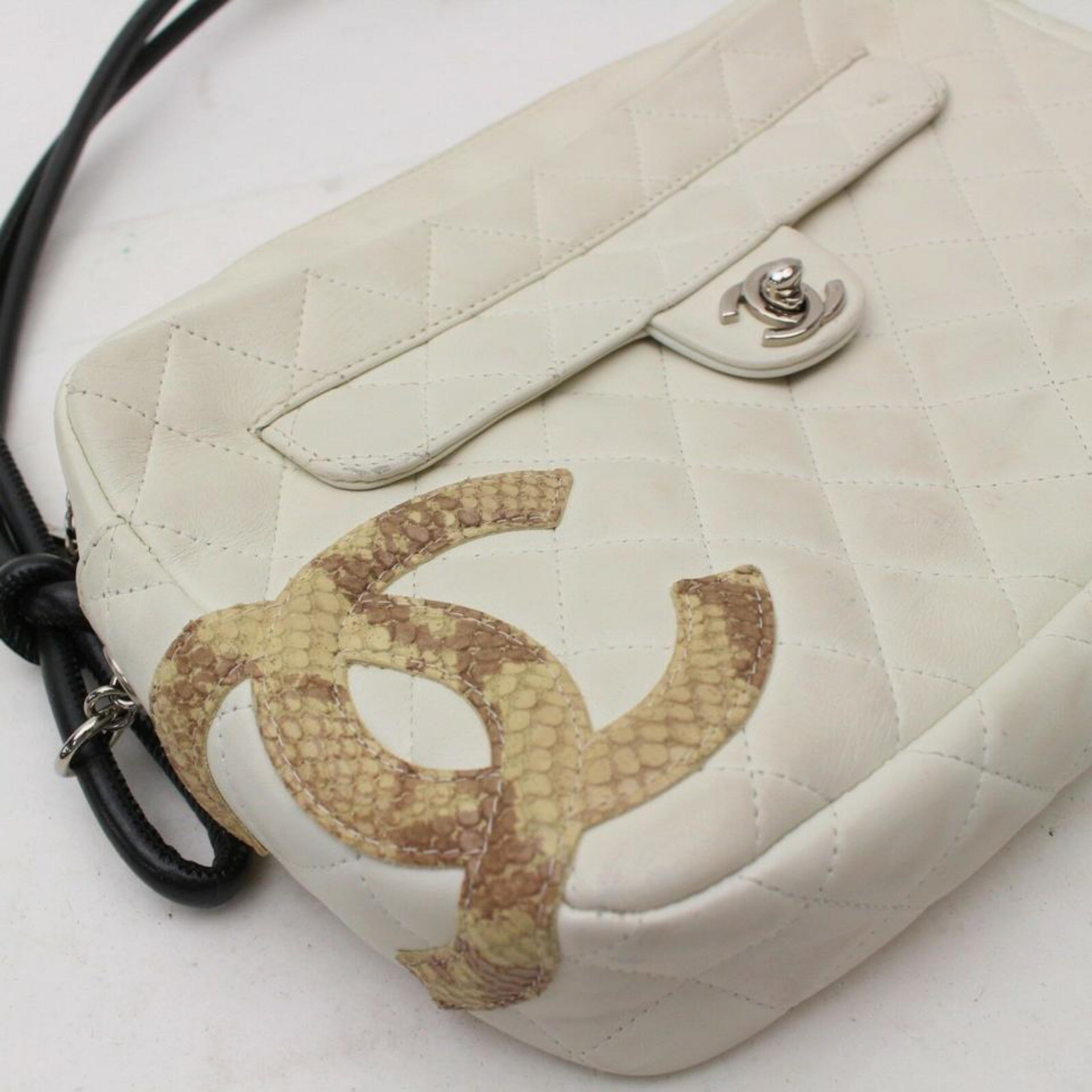 Chanel Cambon Python Quilted Ligne Flap 870036 White Leather Shoulder Bag For Sale 6