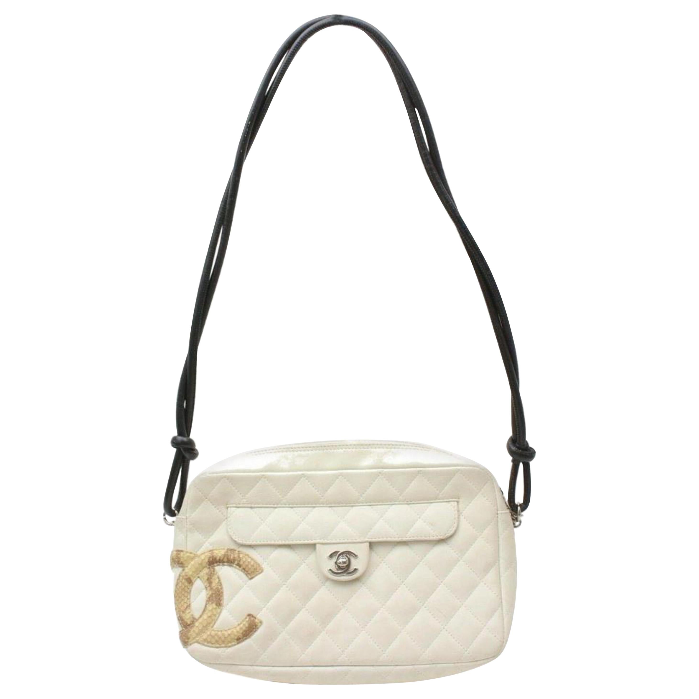 Chanel Cambon Python Quilted Ligne Flap 870036 White Leather Shoulder Bag For Sale