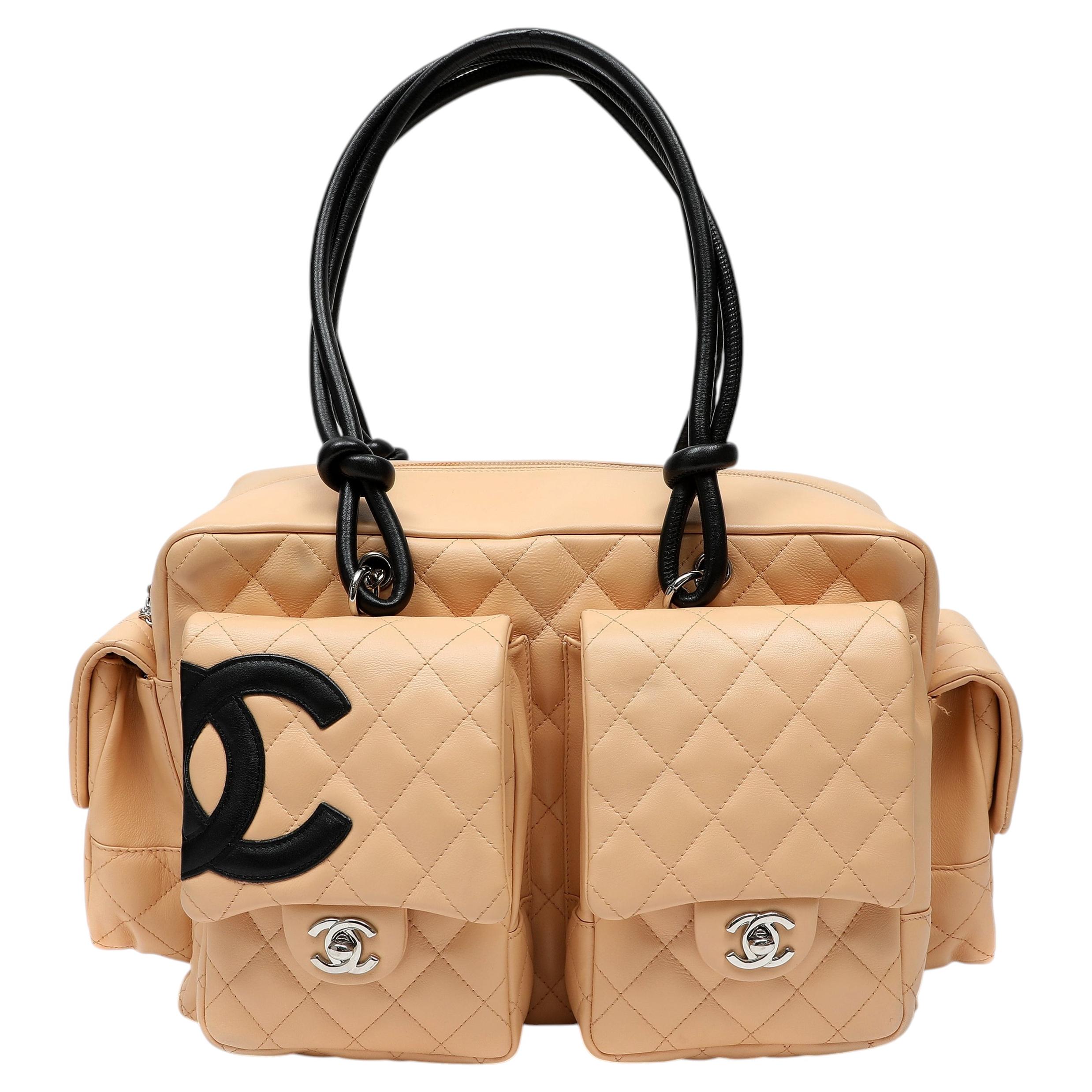 Chanel Cambon Reporter Bag Beige Quilted Leather with CC Logo and Silver HW