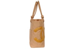 Chanel Cambon Tote Bag CC Logo Quilted Lamb Patent Leather Nude Beige Tan Yellow