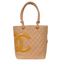Chanel Cambon Tote Bag CC Logo Quilted Lamb Patent Leather Nude Beige Tan Yellow