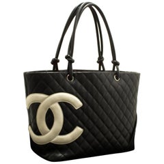 CHANEL Cambon Tote Large Shoulder Bag Black White Quilted Calfskin