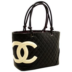 CHANEL Cambon Tote Large Shoulder Bag Black White Quilted Calfskin