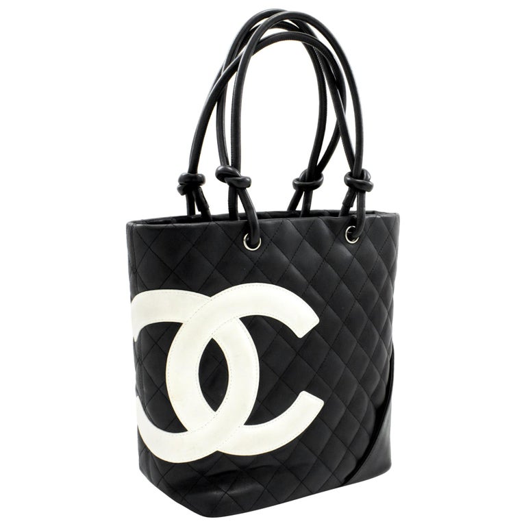 CHANEL Cambon Tote Small Shoulder Bag Black White Quilted Calfskin ...