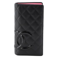 CHANEL CC Cambon Quilted Leather Black Pink Bi-fold Long Wallet Purse Italy  Used