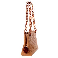Chanel camel brown quilted leather VINTAGE TORTOISESHELL STRAP Shoulder Bag
