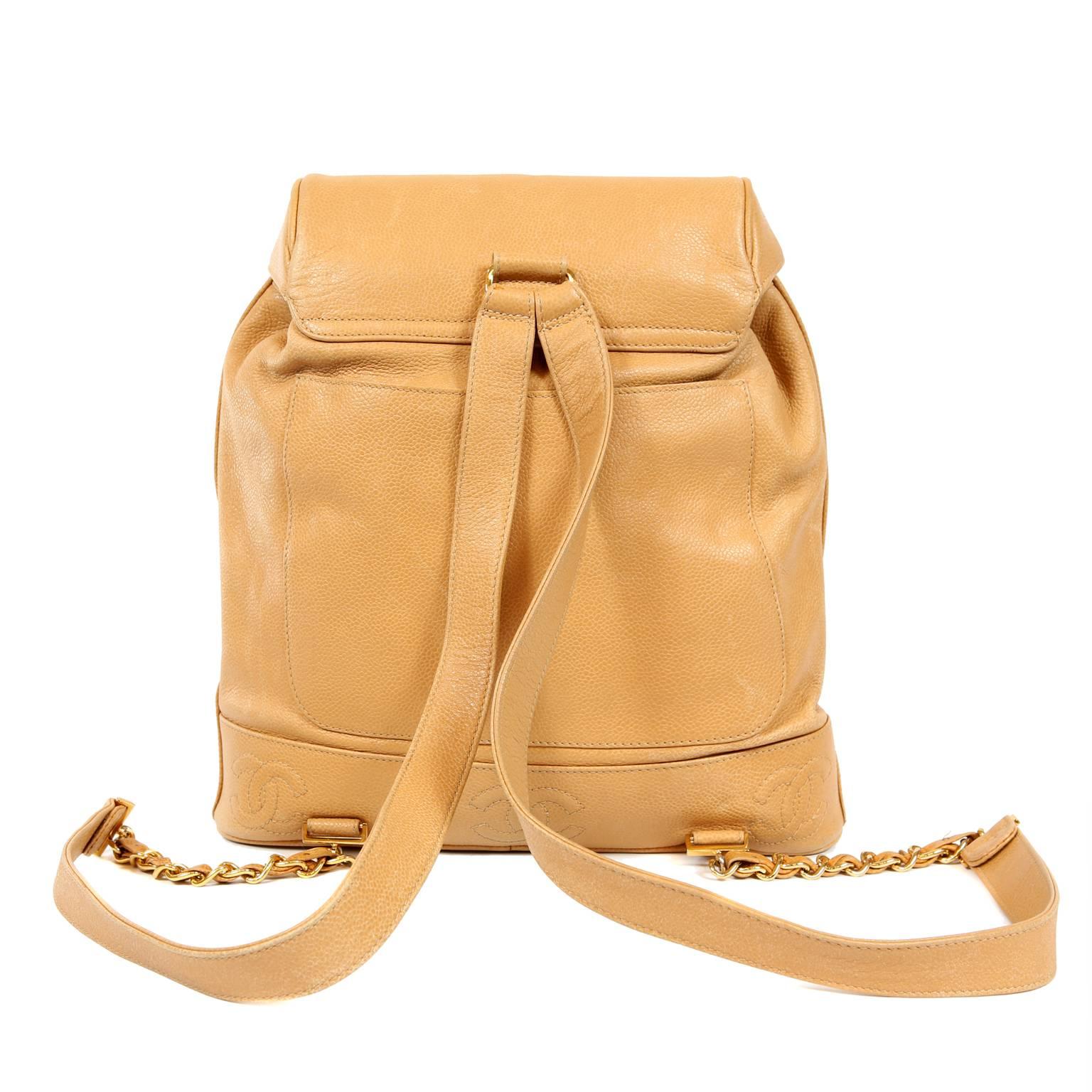 Chanel Camel Caviar Leather Backpack- Excellent Plus Condition
 An amazing vintage piece, it is both stylish and practical. 
Durable and textured camel caviar leather large backpack with gold hardware accents.  Top flap closure has large gold
