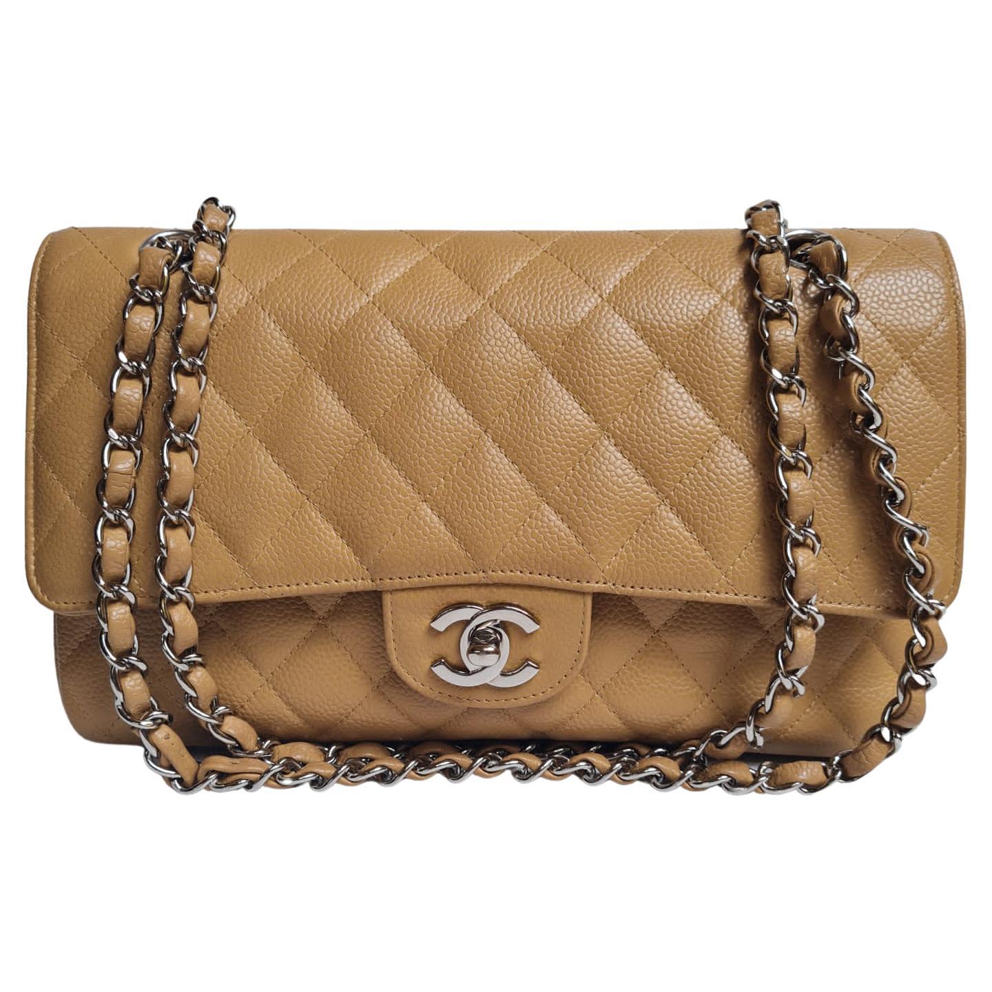 Chanel Light Grey Quilted Caviar Jumbo Classic Double Flap Gold