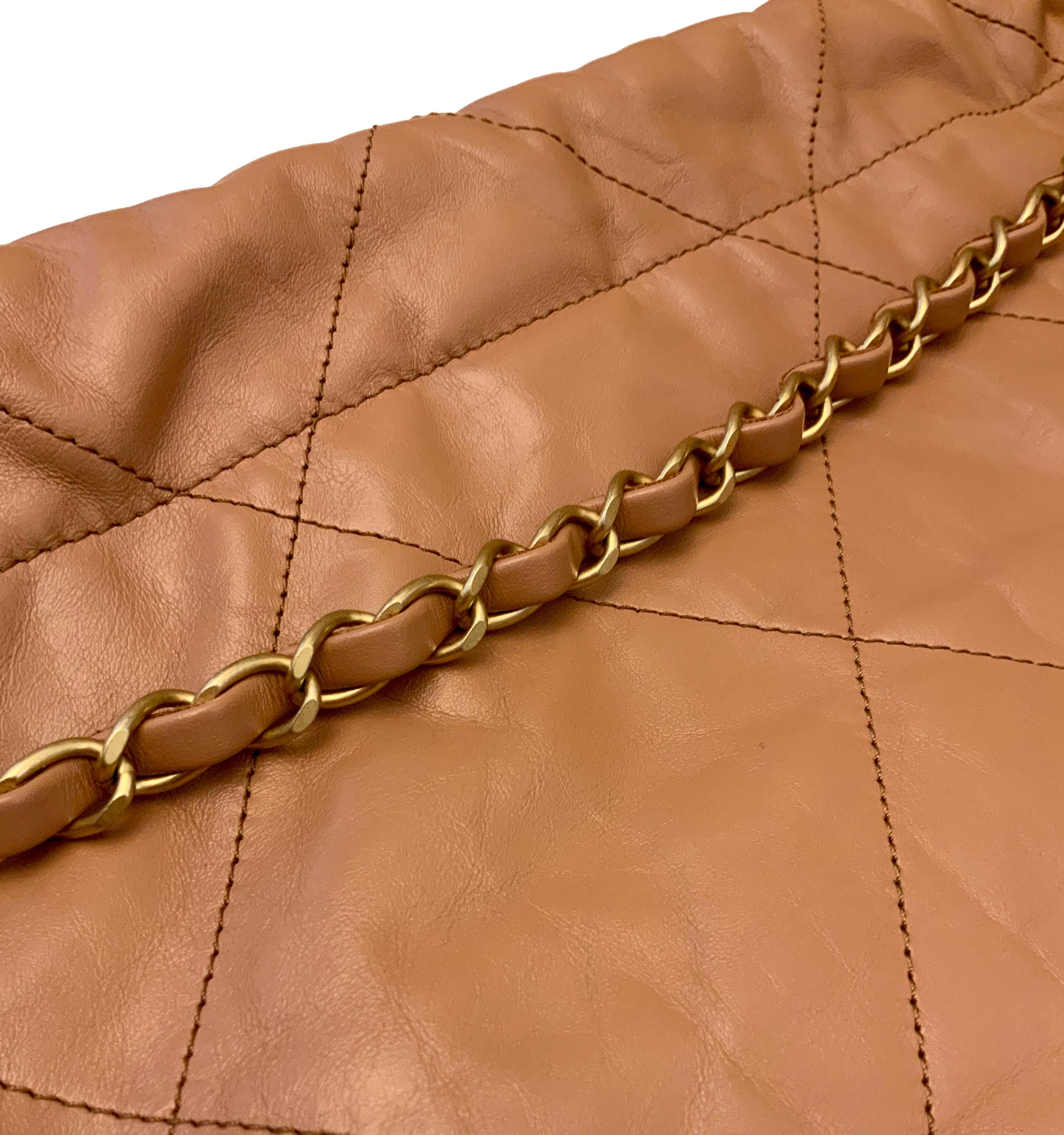 Brown Chanel Camel Quilted Shinny Calfskin Large Chanel 22 Bag For Sale