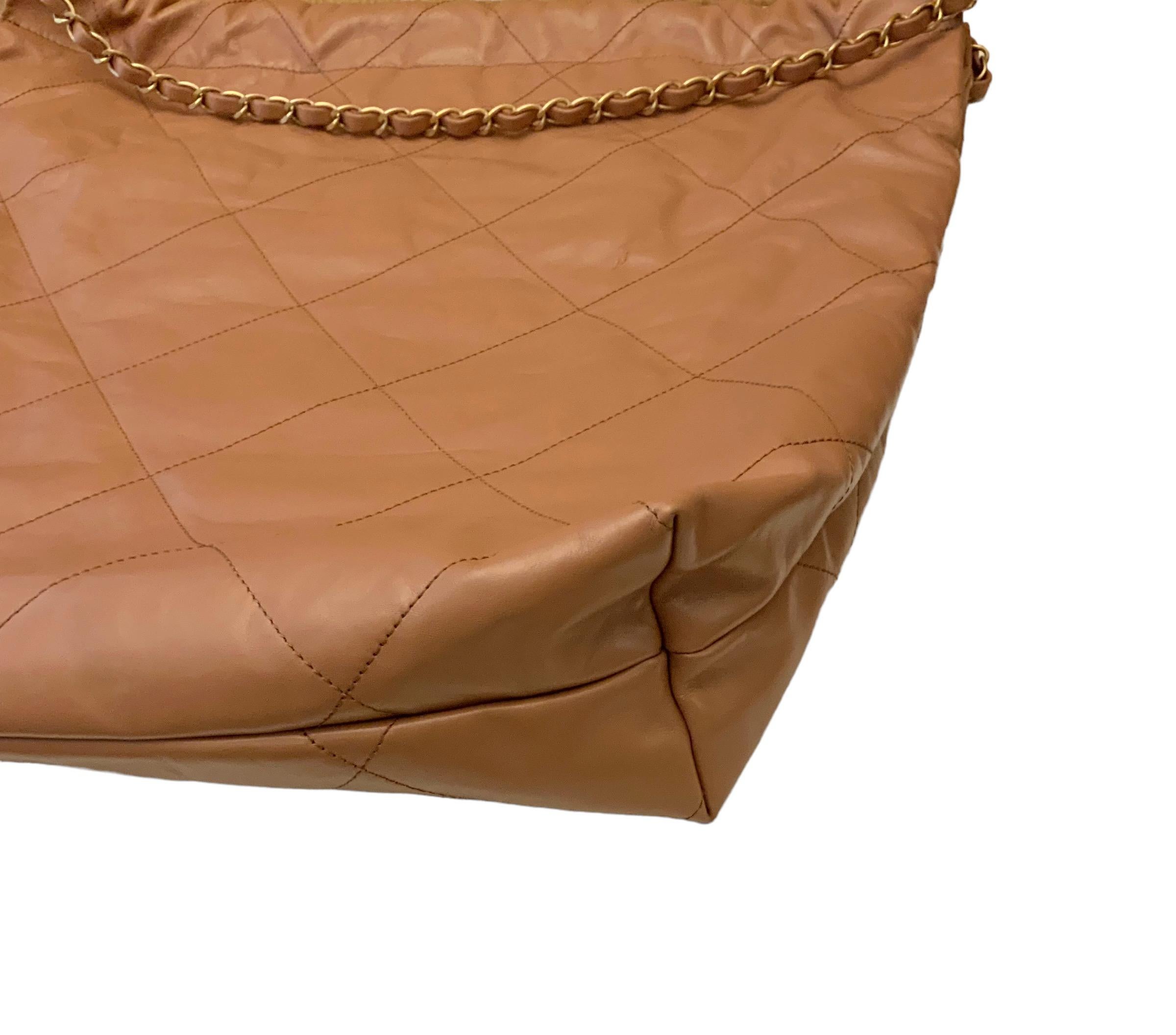Women's or Men's Chanel Camel Quilted Shinny Calfskin Large Chanel 22 Bag For Sale