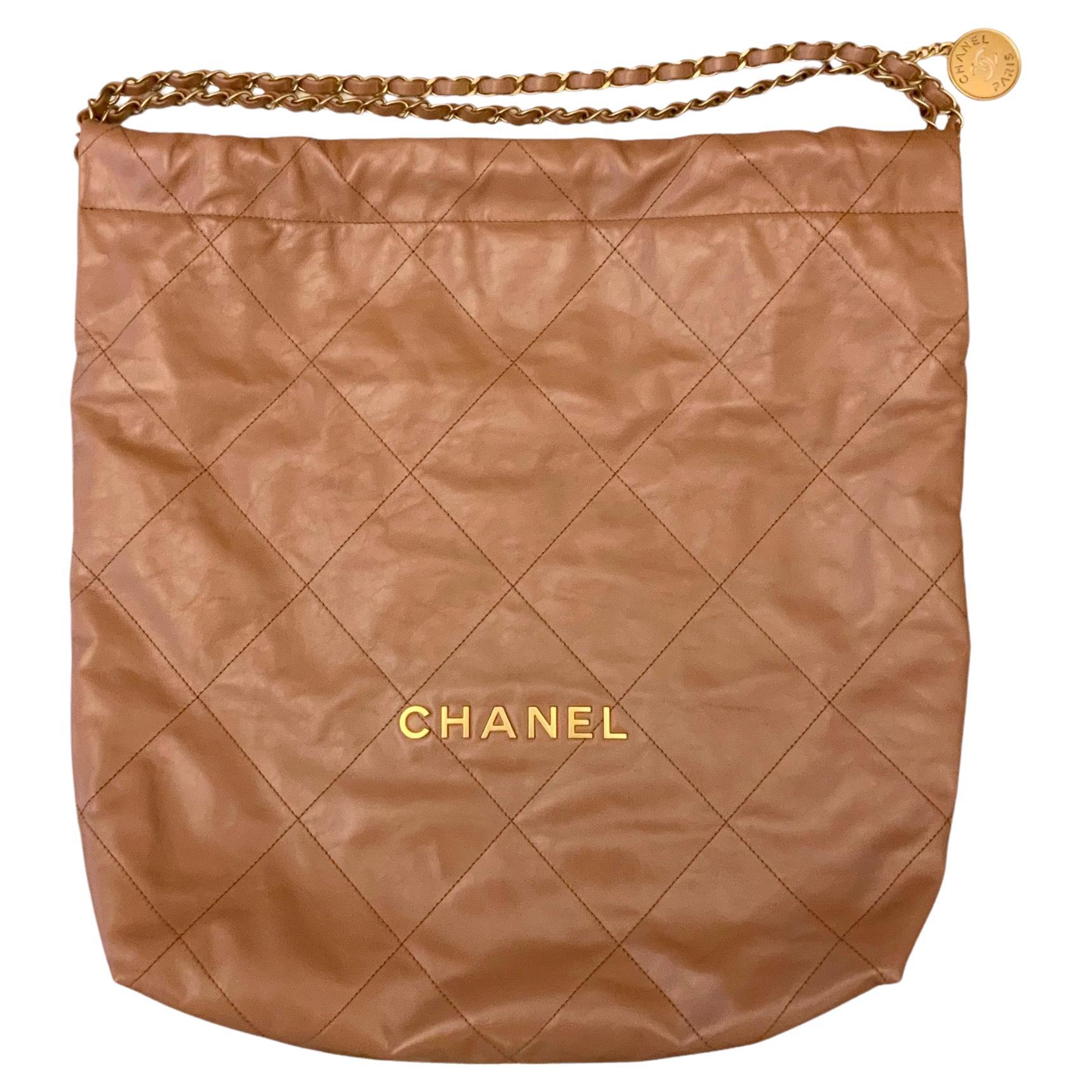 Chanel Camel Quilted Shinny Calfskin Large Chanel 22 Bag For Sale at 1stDibs