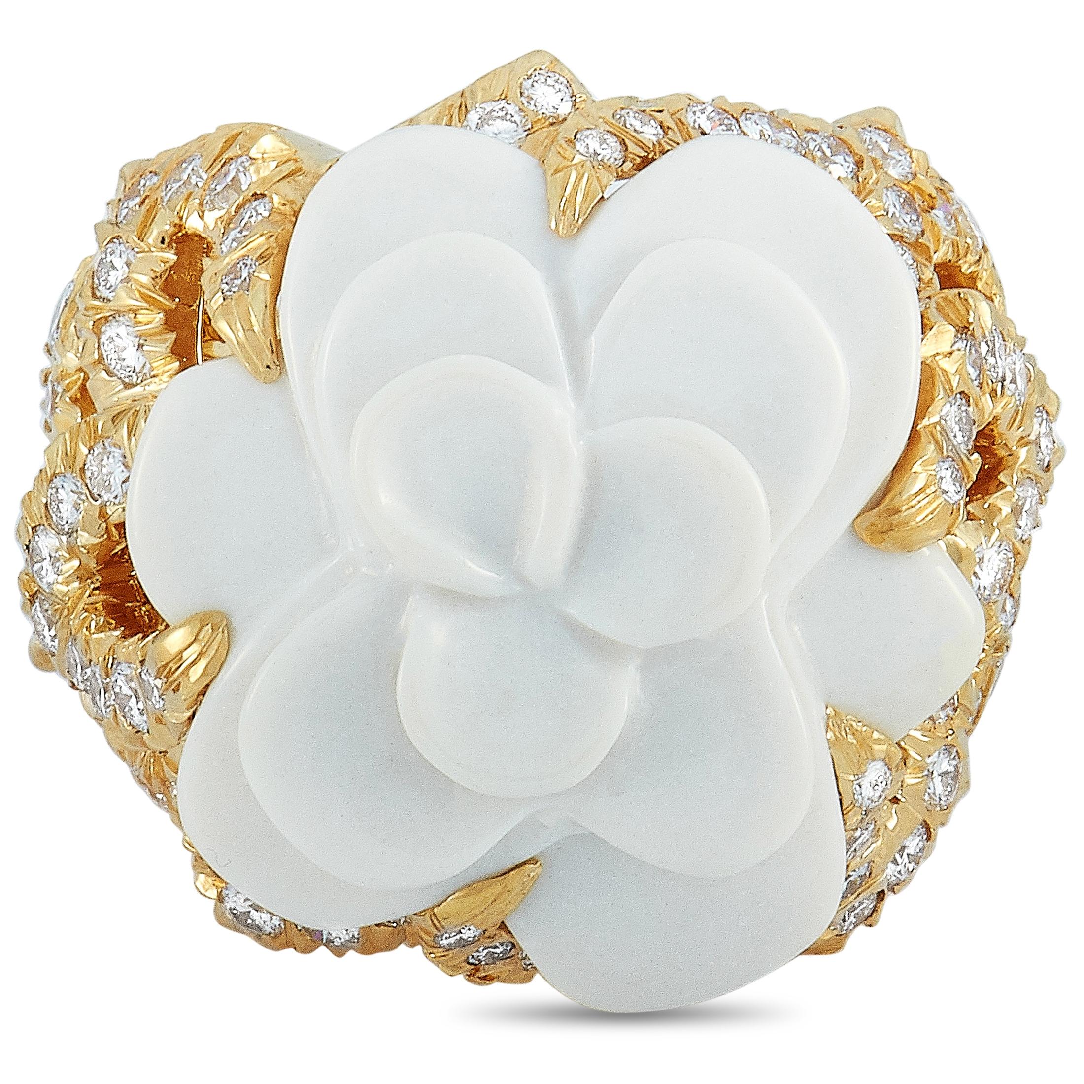 Women's Chanel Camélia 18 Karat Yellow Gold and Ceramic, 3.00 Carat Diamond Flower Ring