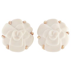 Chanel Camélia 18 Karat Yellow Gold White Agate Clip-On Earrings