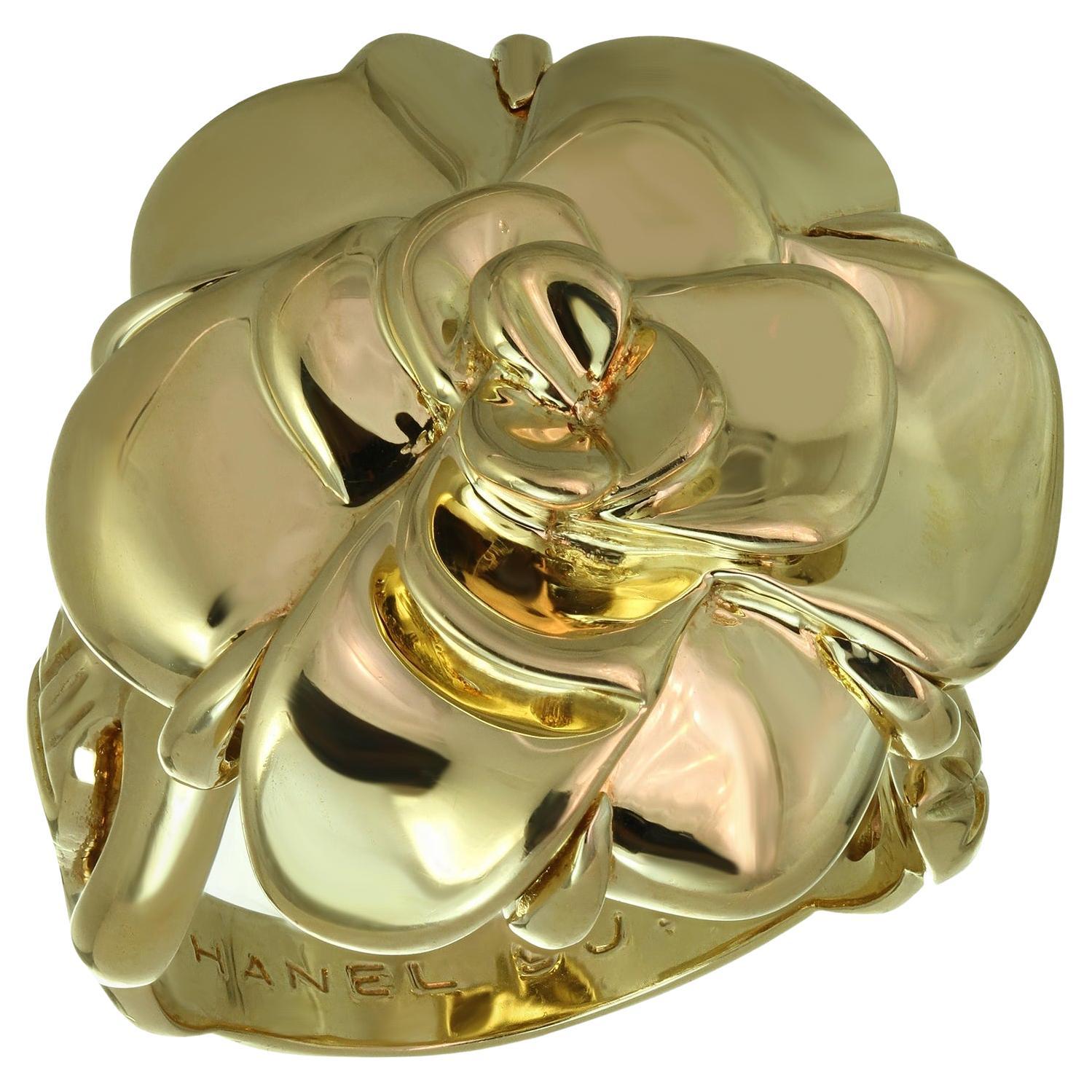 Chanel Yellow Gold Camelia 18K Solid Heavy Flower Ring 56