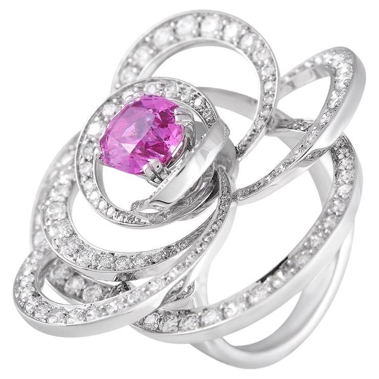 Chanel Camélia 18K White Gold 2.00 Ct Diamond and Pink Sapphire Ring For Sale