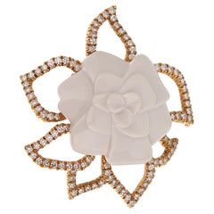 Chanel Camelia 18k Yellow Gold Diamond Brooch Pendant Necklace