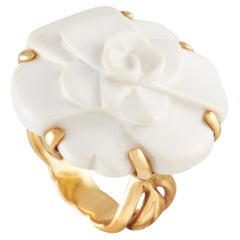 Chanel Camelia 18K Yellow Gold White Agate Ring