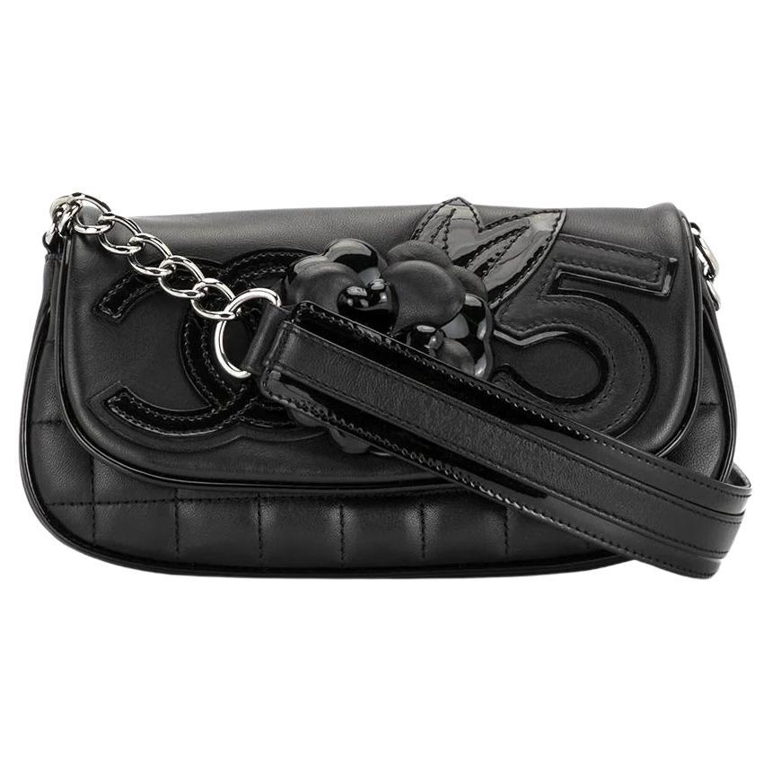 Women's or Men's Chanel Camelia 5 Black on Black Lambskin Flap Bag For Sale
