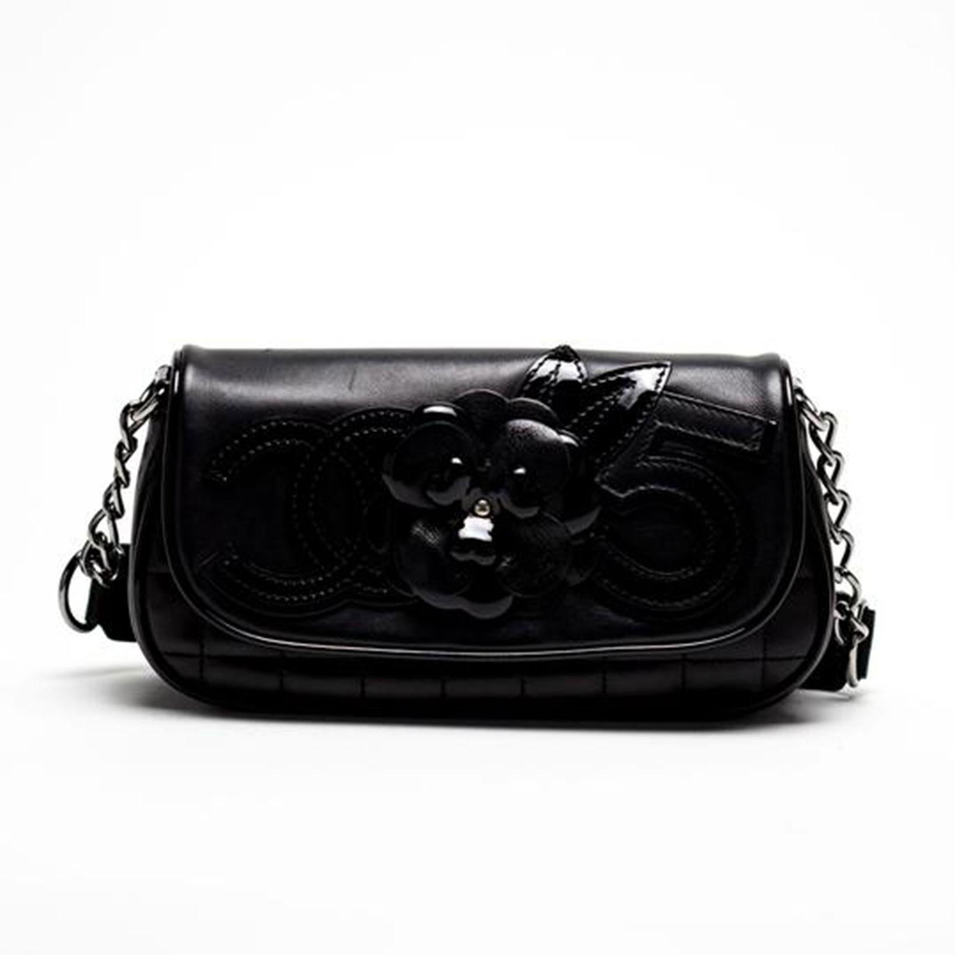 Chanel Camelia 5 Black on Black Lambskin Flap Bag For Sale 3